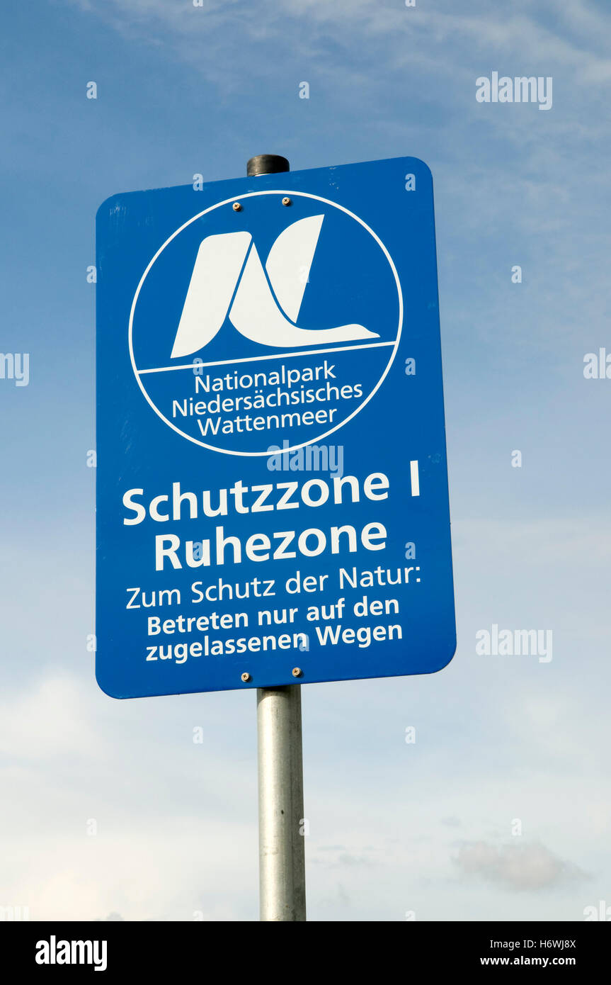Sign 'Nationalpark Niedersaechsisches Wattenmeer', Lower Saxony Wadden Sea National Park, North Sea resort Cuxhaven Stock Photo