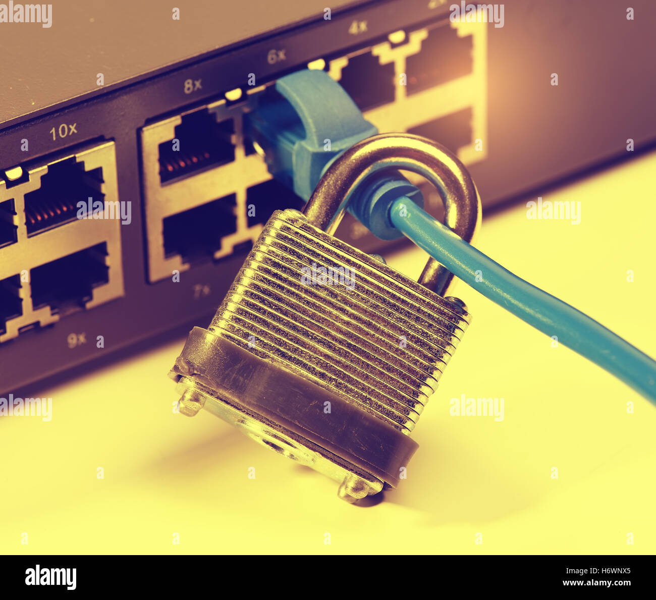 network and data protection concept with padlock and switch Stock Photo
