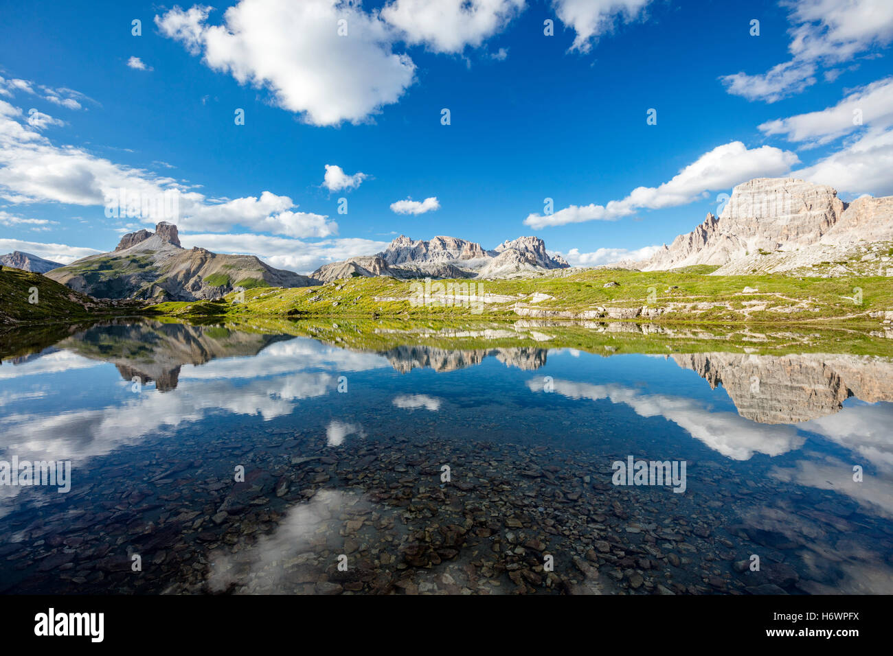 Reflection of Croda dei Rondoi and Torre di Toblin, Sexten Dolomites, South Tirol, Italy. Stock Photo