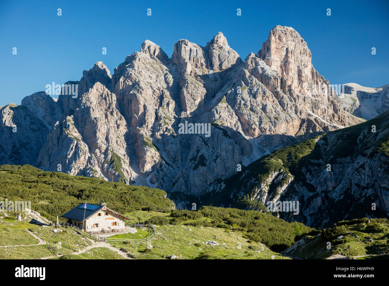 Langalm restaurant beside Tre Cime di Lavaredo, Sexten Dolomites, South Tirol, Italy. Stock Photo