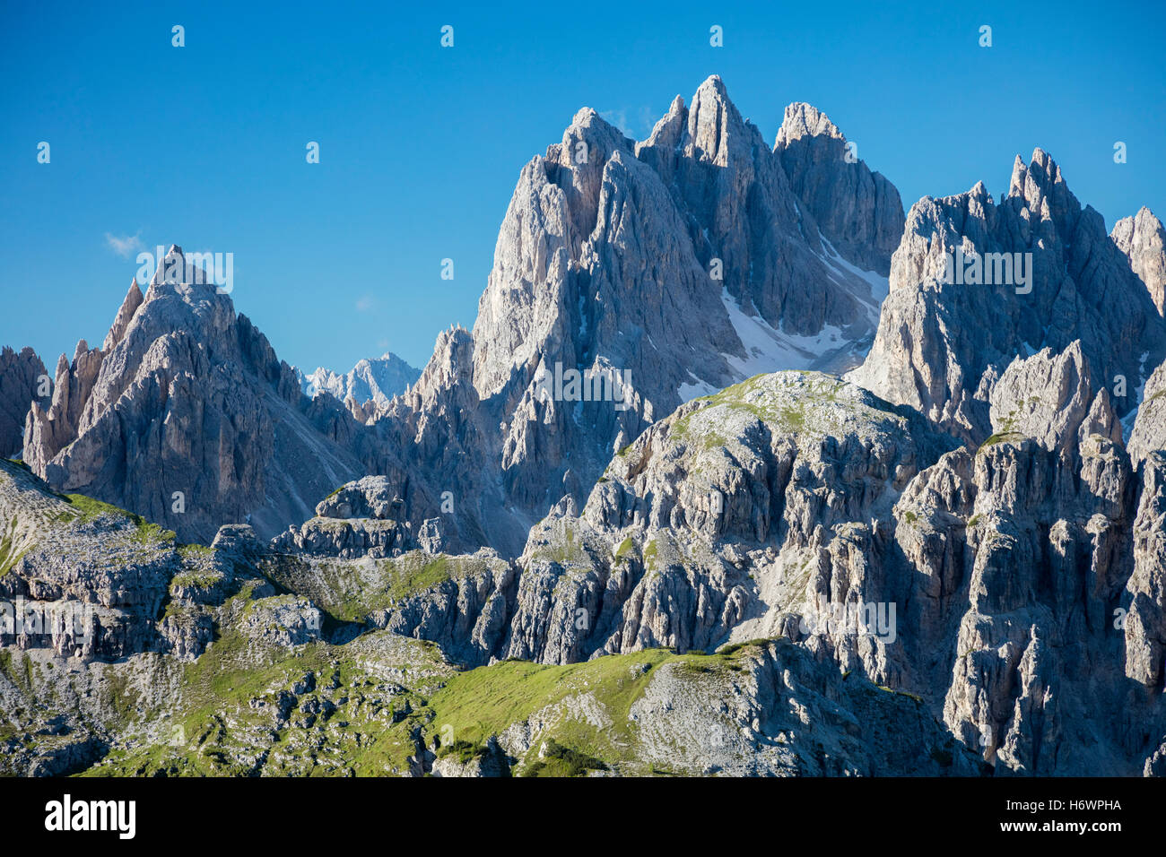 View across the Cadini di Misurina mountains, Sexten Dolomites, South Tirol, Italy. Stock Photo