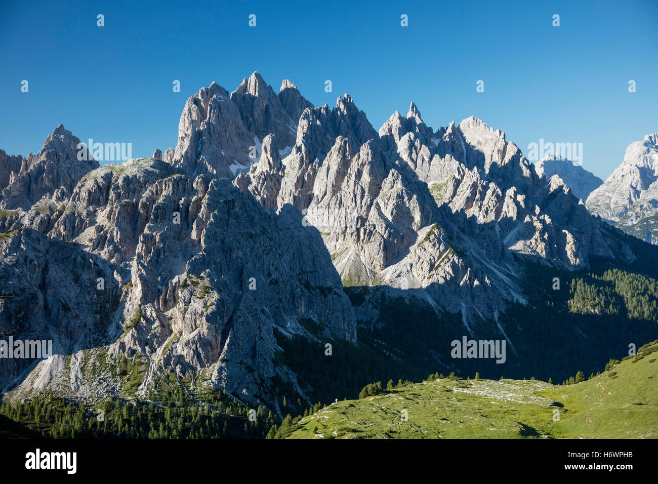 View across the Cadini di Misurina mountains, Sexten Dolomites, South Tirol, Italy. Stock Photo