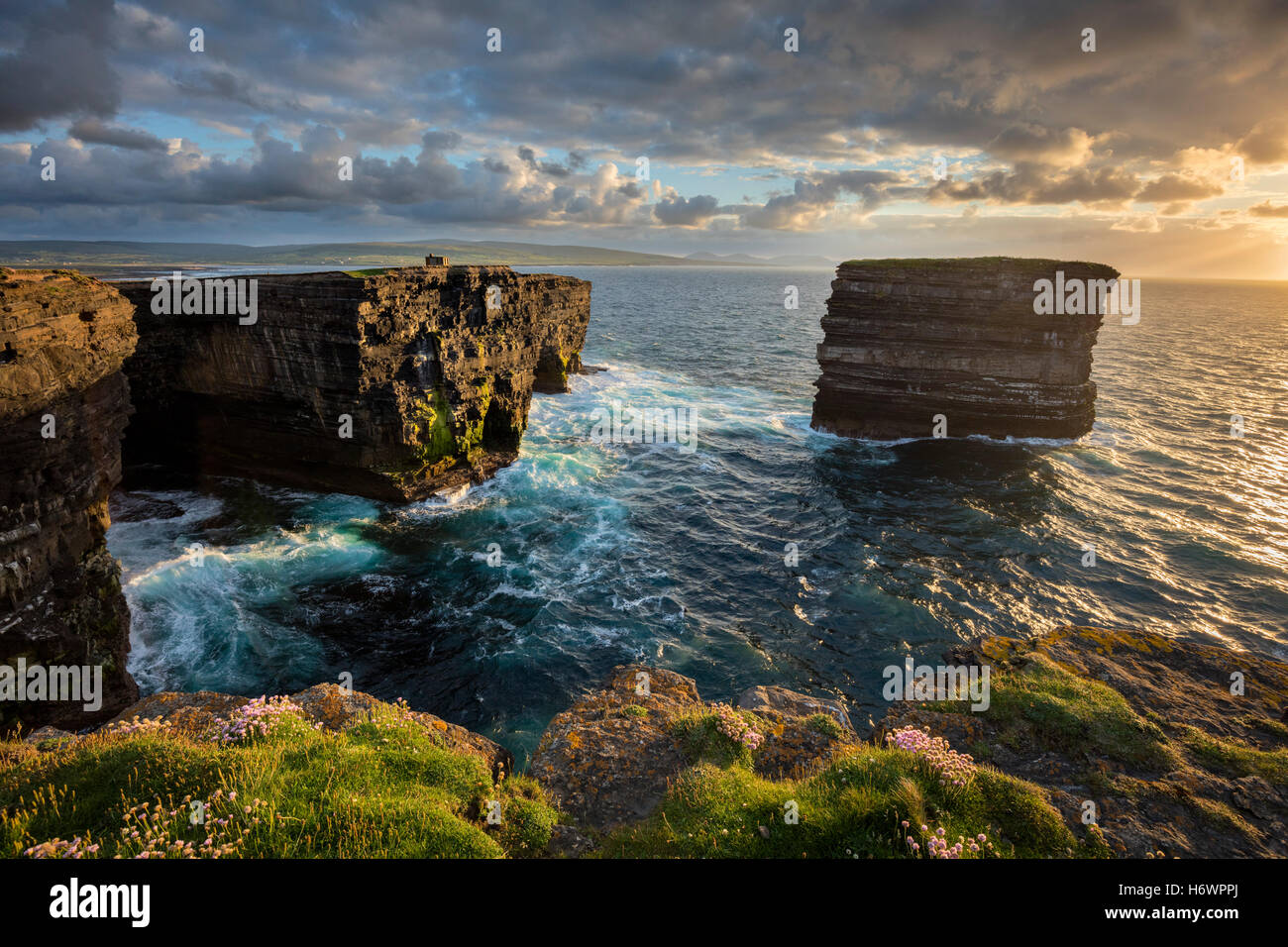 Evening at Dun Briste, Downpatrick Head, County Mayo, Ireland. Stock Photo