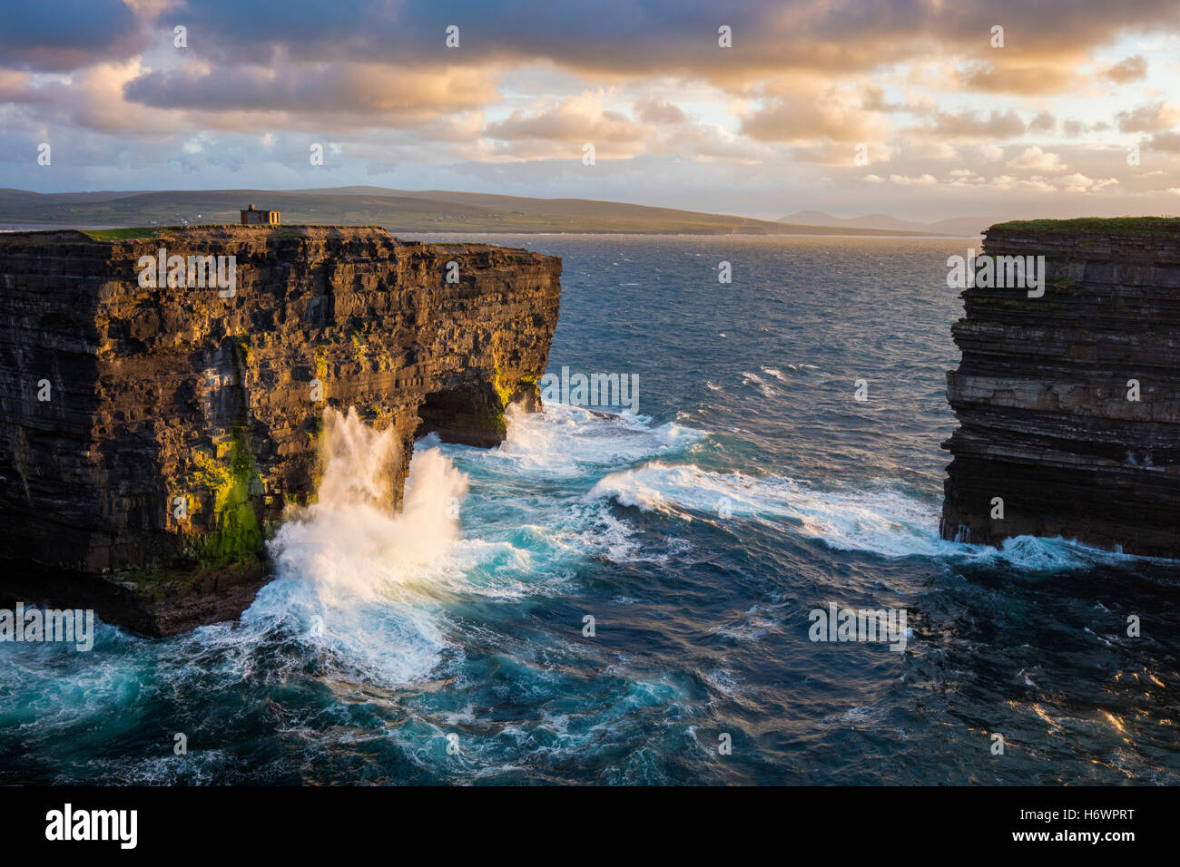 Evening at Dun Briste, Downpatrick Head, County Mayo, Ireland. Stock Photo