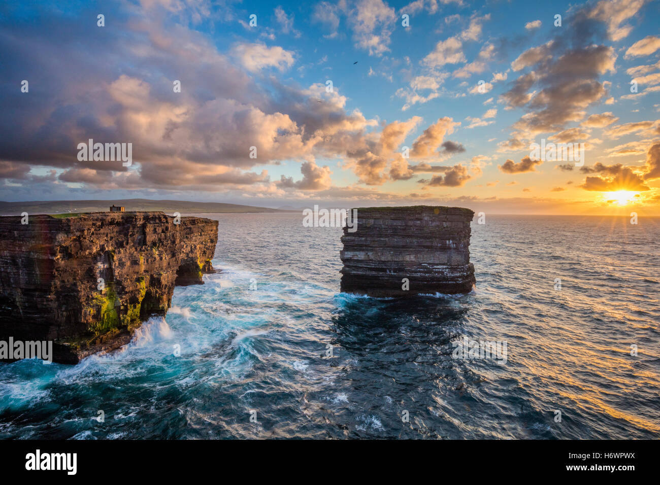 Evening at Dun Briste, Downpatrick Head, County Mayo, Ireland. Stock Photo