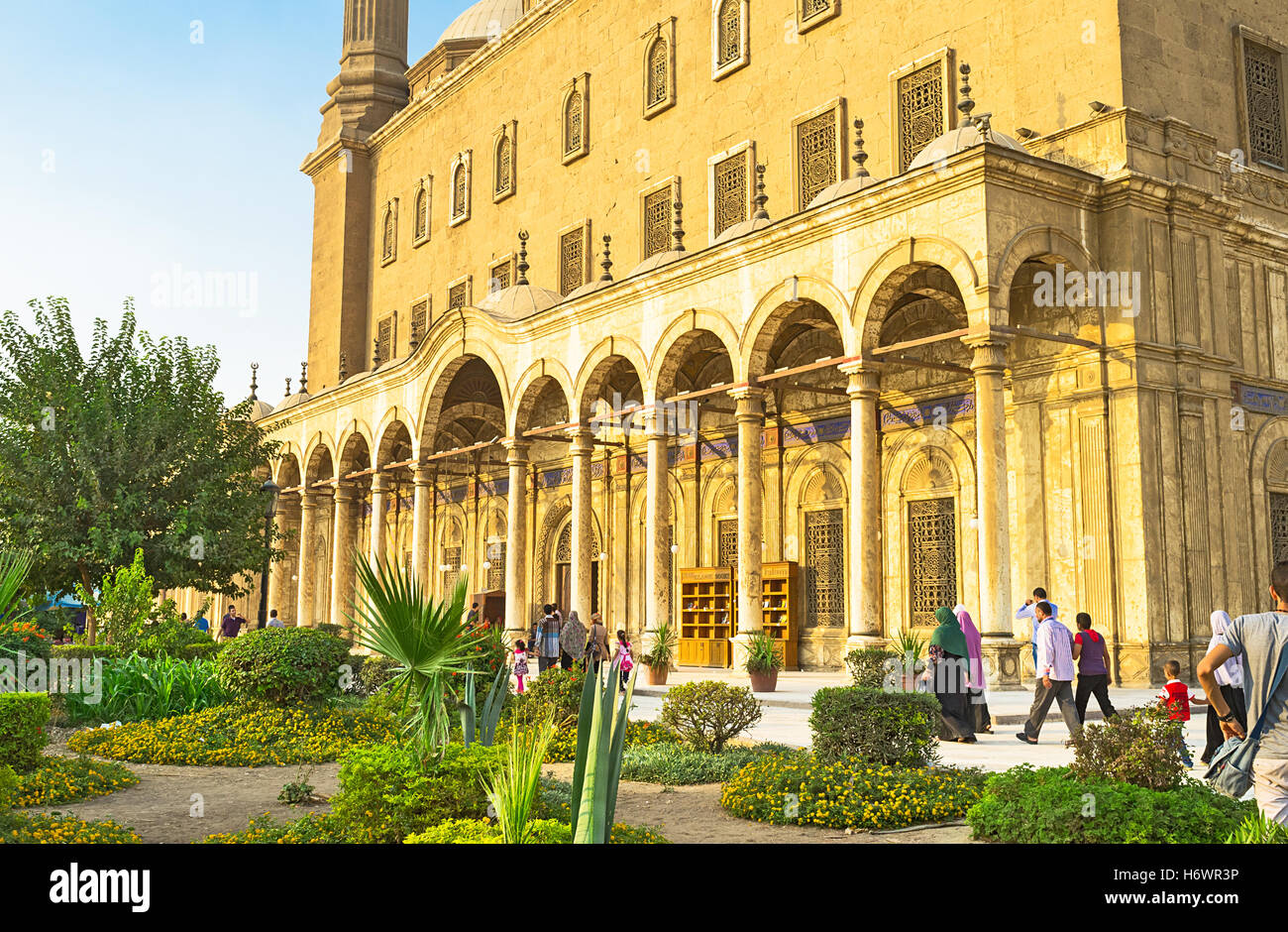 The entrance to the Alabaster Mosque surrounded by the lush garden with