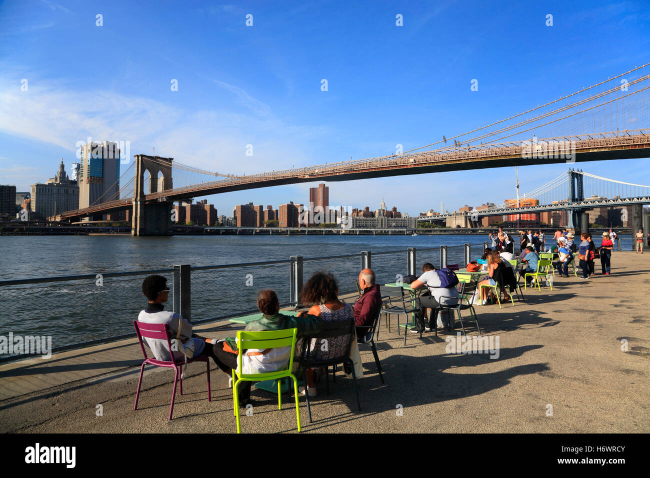 Brooklyn Bridge and Brooklyn Bridge Park, Brooklyn,  New York, USA Stock Photo