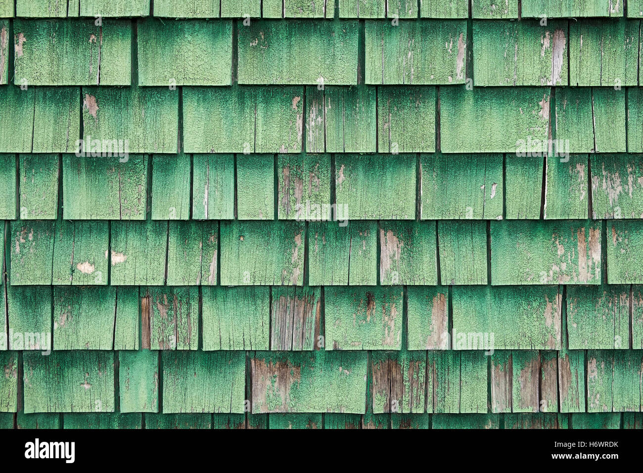 Aged cedar roof shingles painted green are split from years of exposure