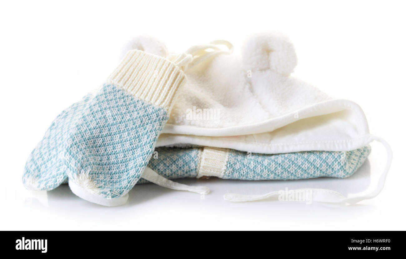 Pile of blue baby clothes isolated on white background Stock Photo