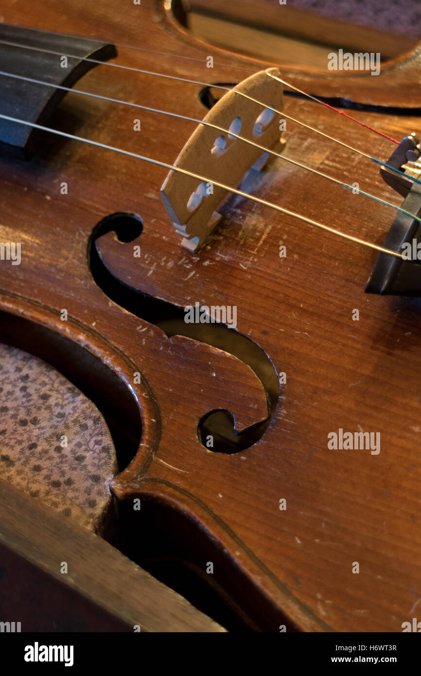 Old violins string bridge close up Stock Photo