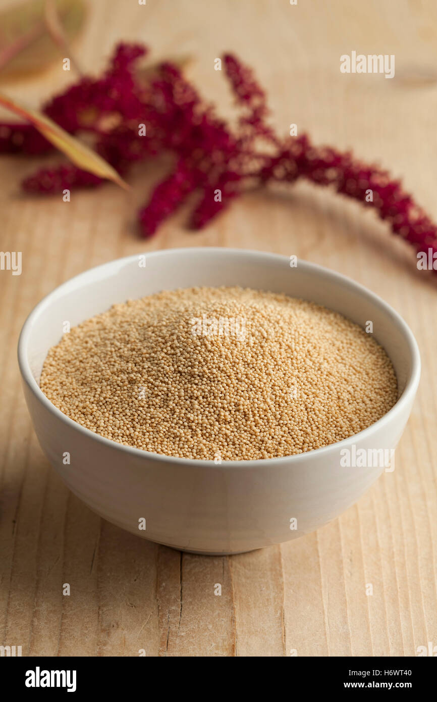 Bowl with amaranth seeds and a twig with flowers on the background Stock Photo
