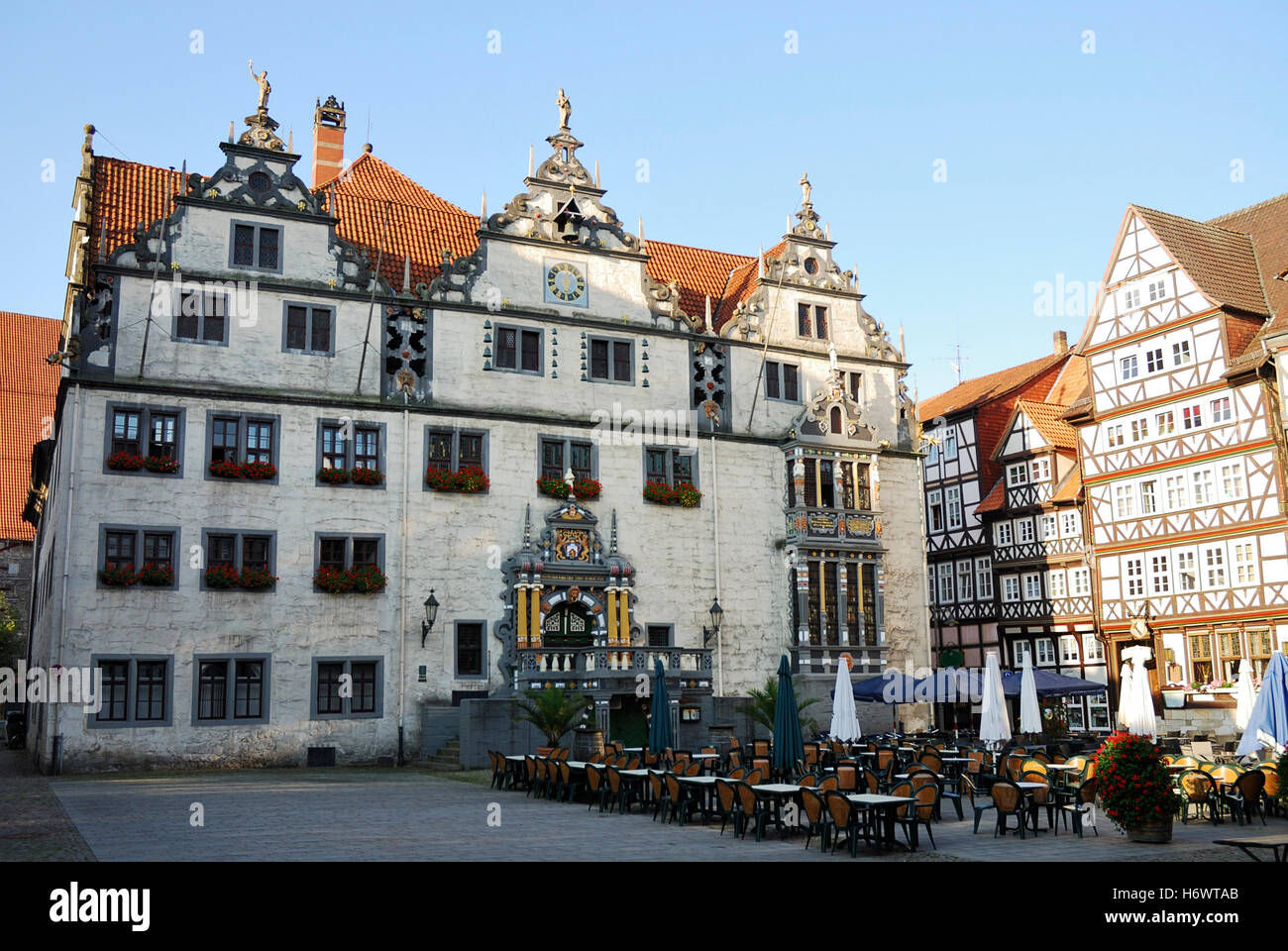 famous sightseeing town hall sunshade style of construction architecture architectural style lower saxony medieval old building Stock Photo