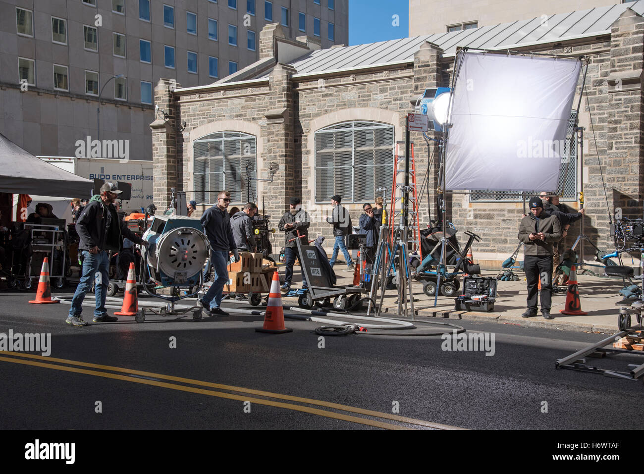 Claremont Av Upper West Side New York USA  Film crew setting up their filming equipment on the sidewalk Stock Photo