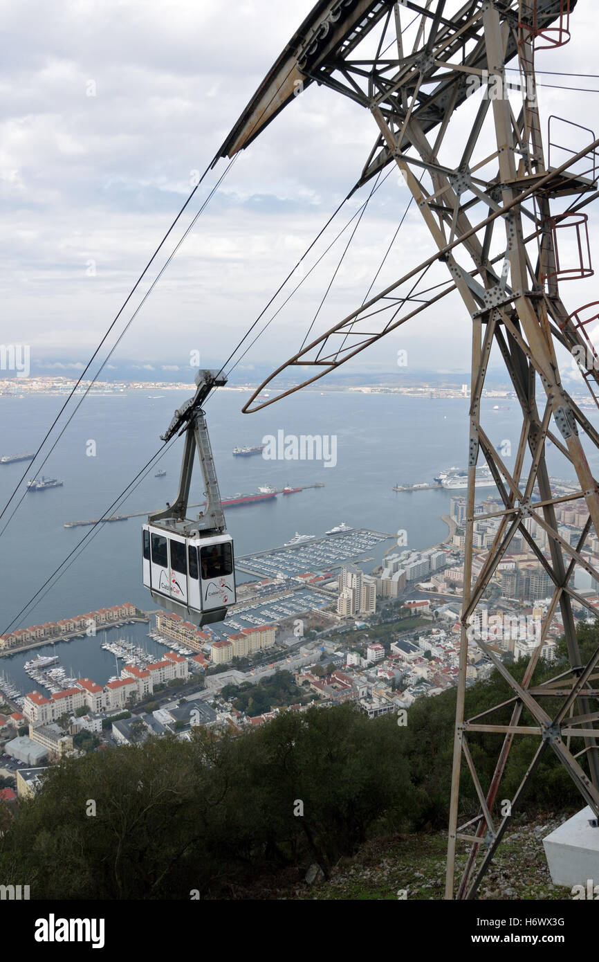 Cable car approaching the top station on the Upper Rock of Gibraltar Stock Photo