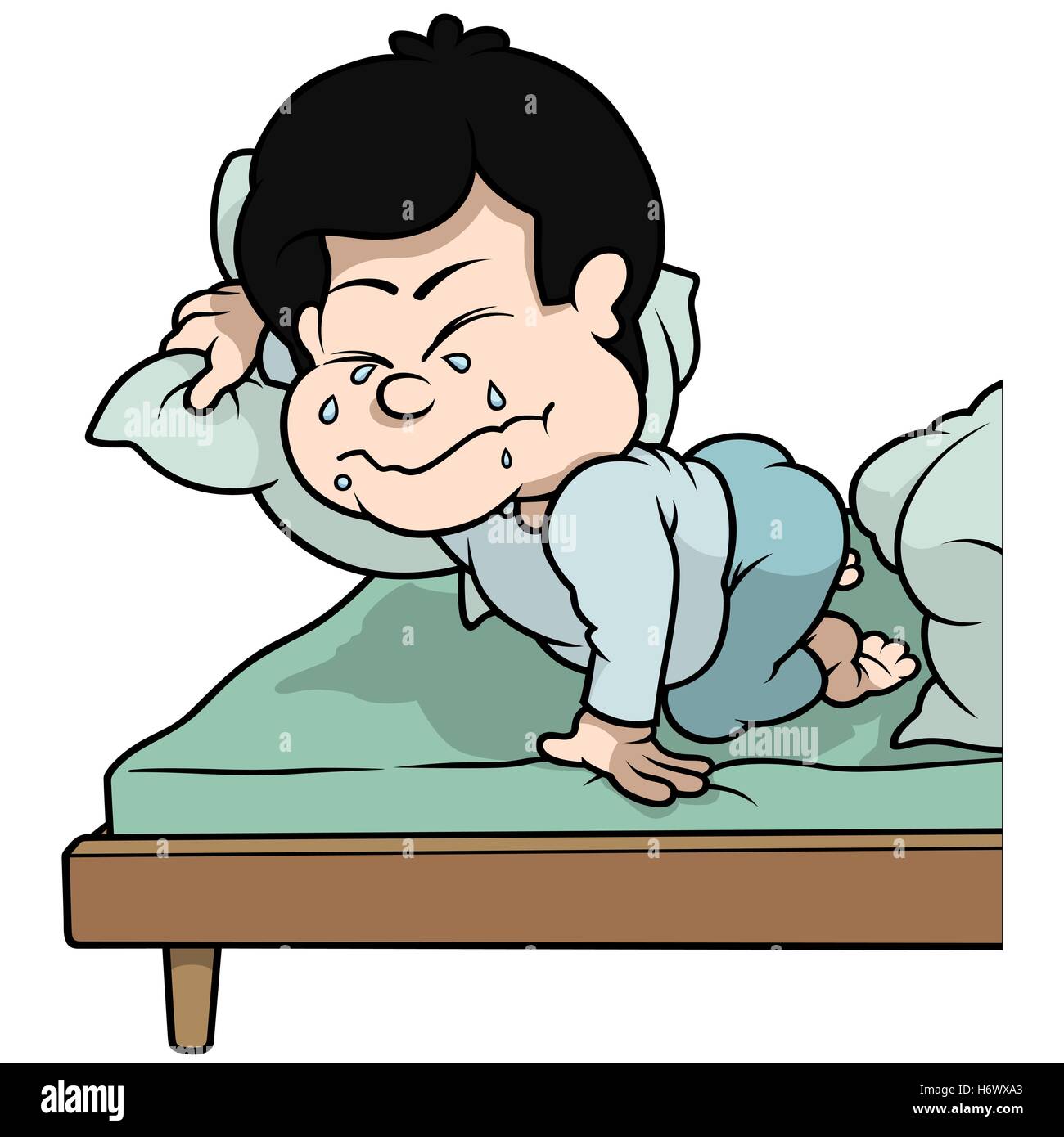 Boy Crying In Bed Stock Vector