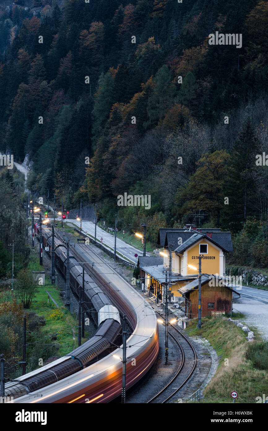 Railway Station, Gstatterboden, Blue hour, Nationalpark Gesäuse, Styria, Austria Stock Photo