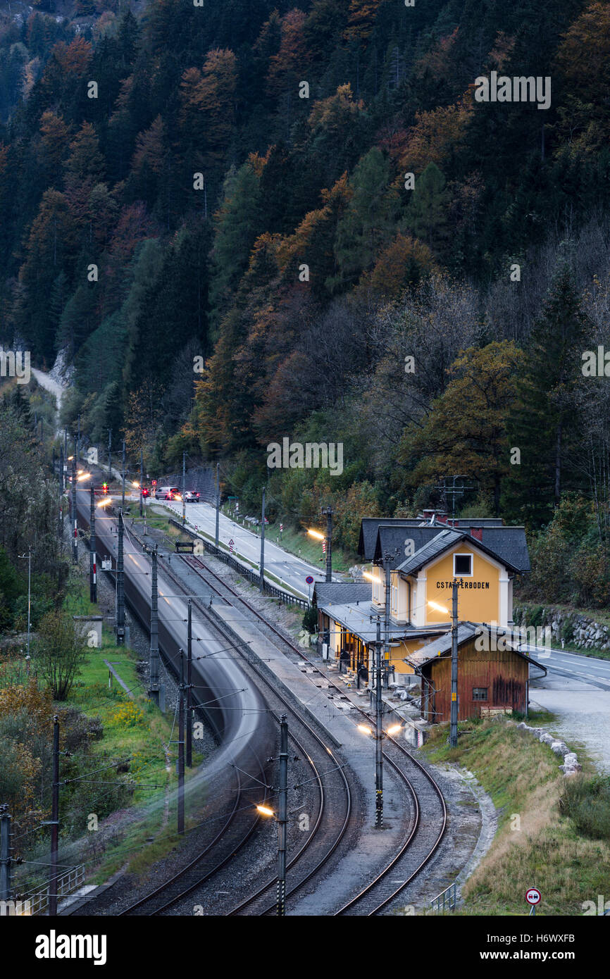 Railway Station, Gstatterboden, Blue hour, Nationalpark Gesäuse, Styria, Austria Stock Photo