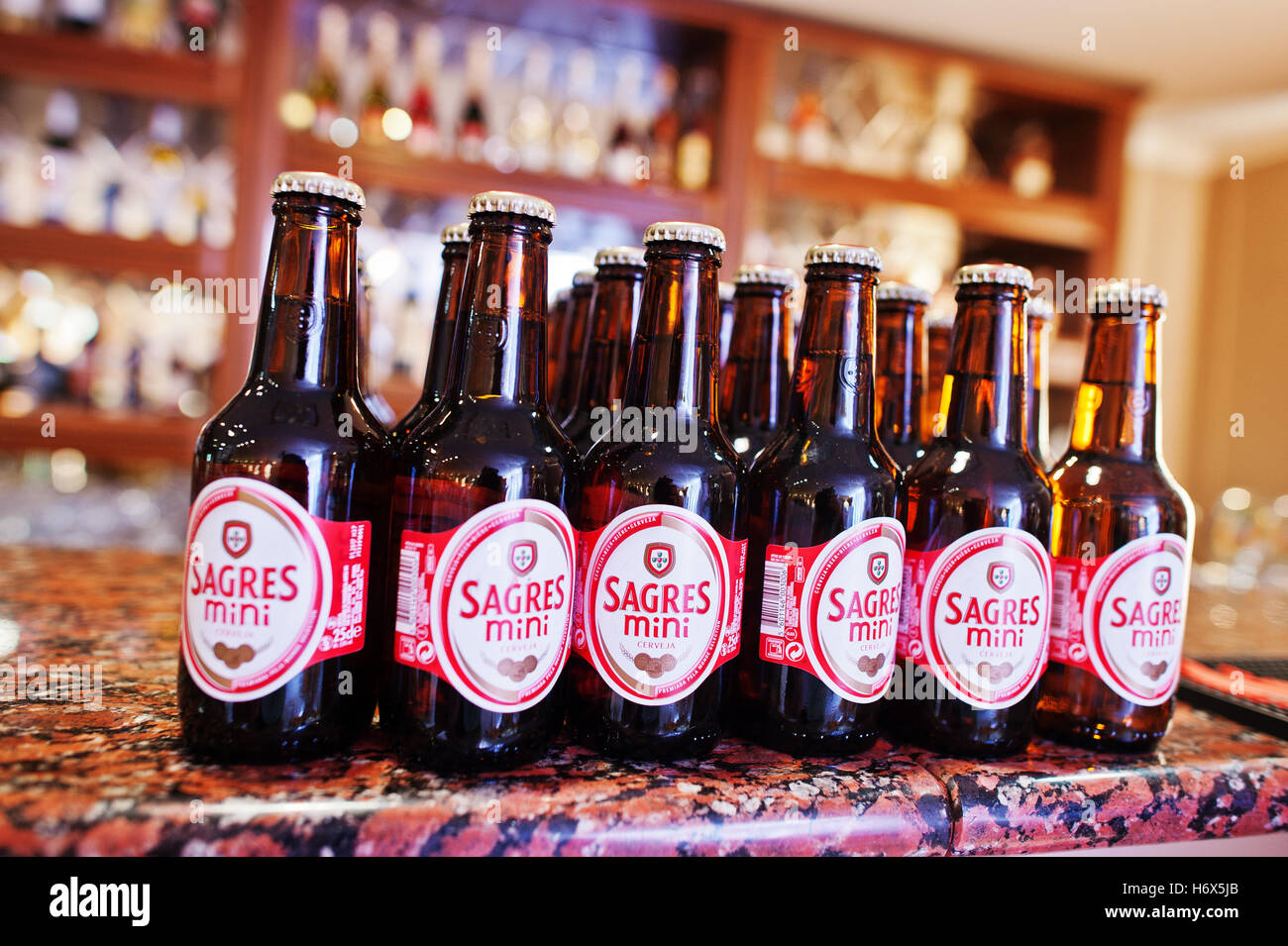 Hai, Ukraine - October 25, 2016: Sagres mini beer bottles, best selling portuguese beers Stock Photo