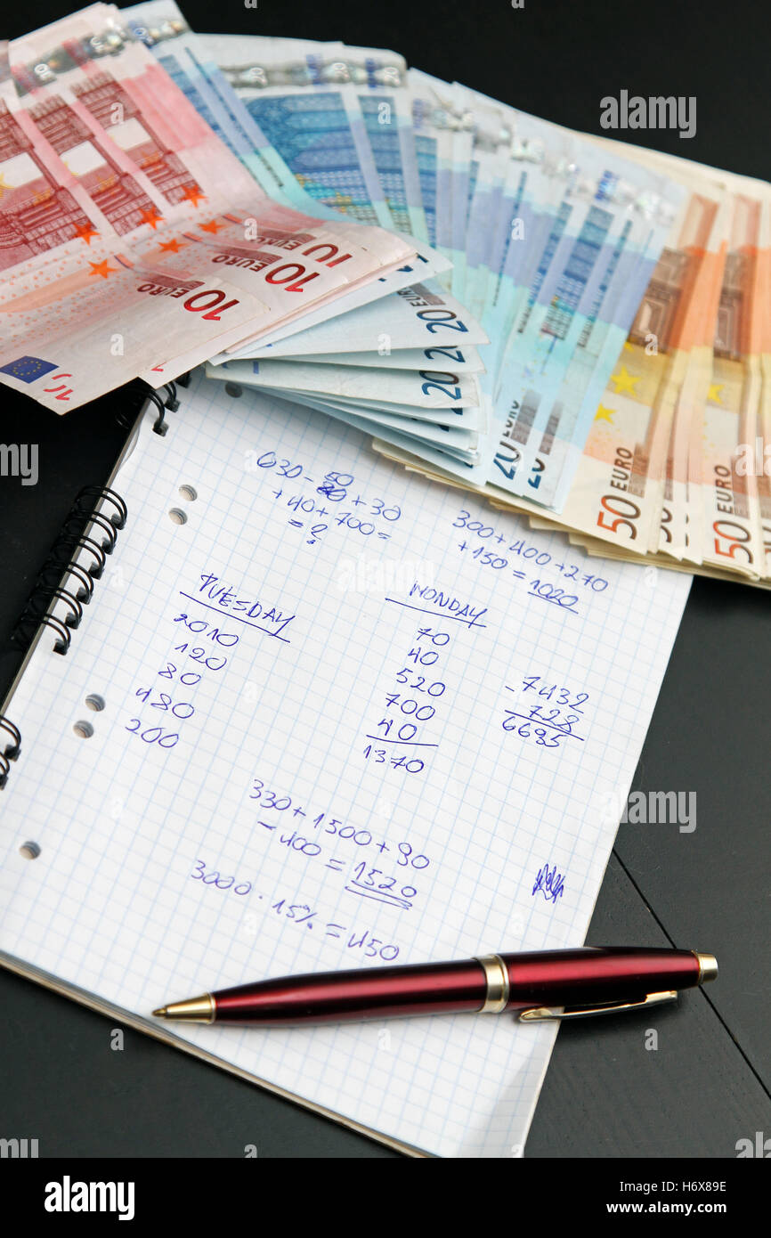bank lending institution calculation corruption pay model design project concept plan draft euro crime accounting notes Stock Photo