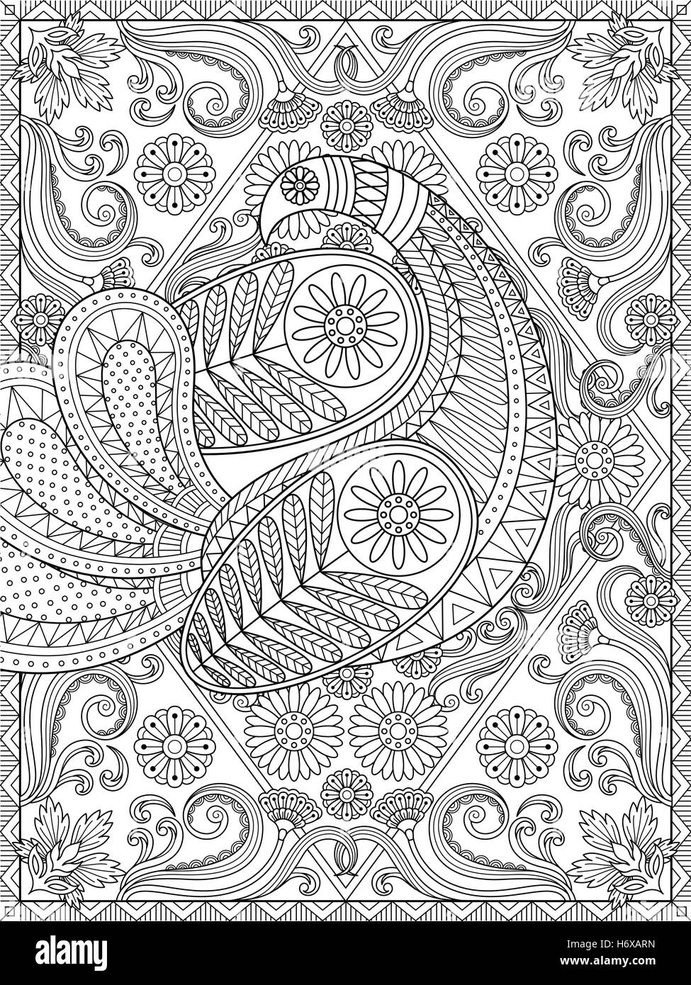 Splendid adult coloring page, elegant peacock is showing off its feather, floral and geometric elements, stress relief coloring  Stock Vector