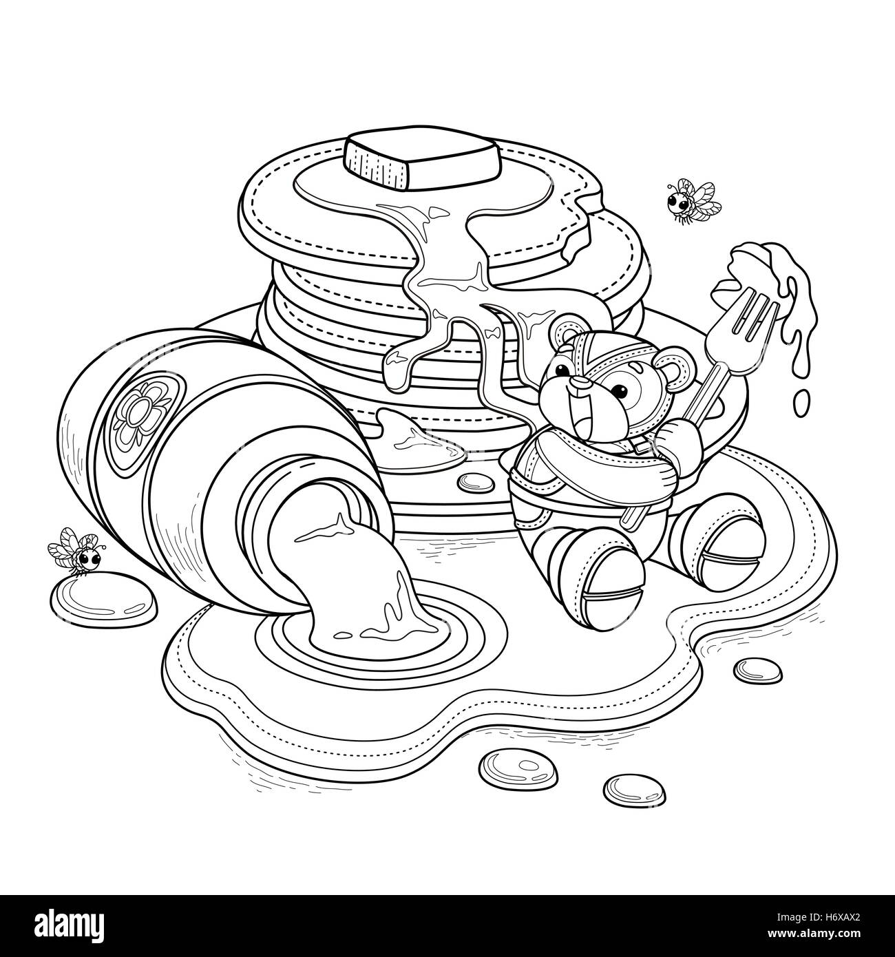 Lovely bear adult coloring page, little bear enjoying sweet honey pancake with fork. Honey drill from glass jar. Stock Vector