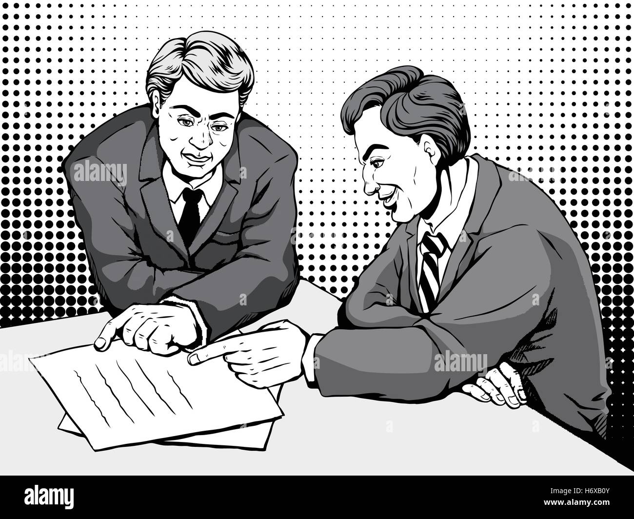 retro two men merrily discussing something together, comic book style speech bubble, pop art, black and white Stock Vector