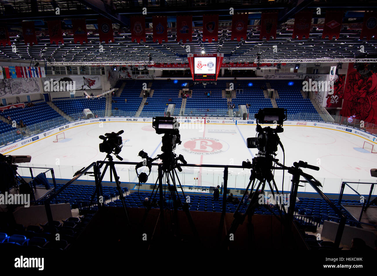 PODOLSK - OCTOBER 30, 2016 Video cameras of TV live just before hockey game Vityaz vs Dynamo Minsk on Russia KHL championship on October 30, 2016, in Podolsk, Russia