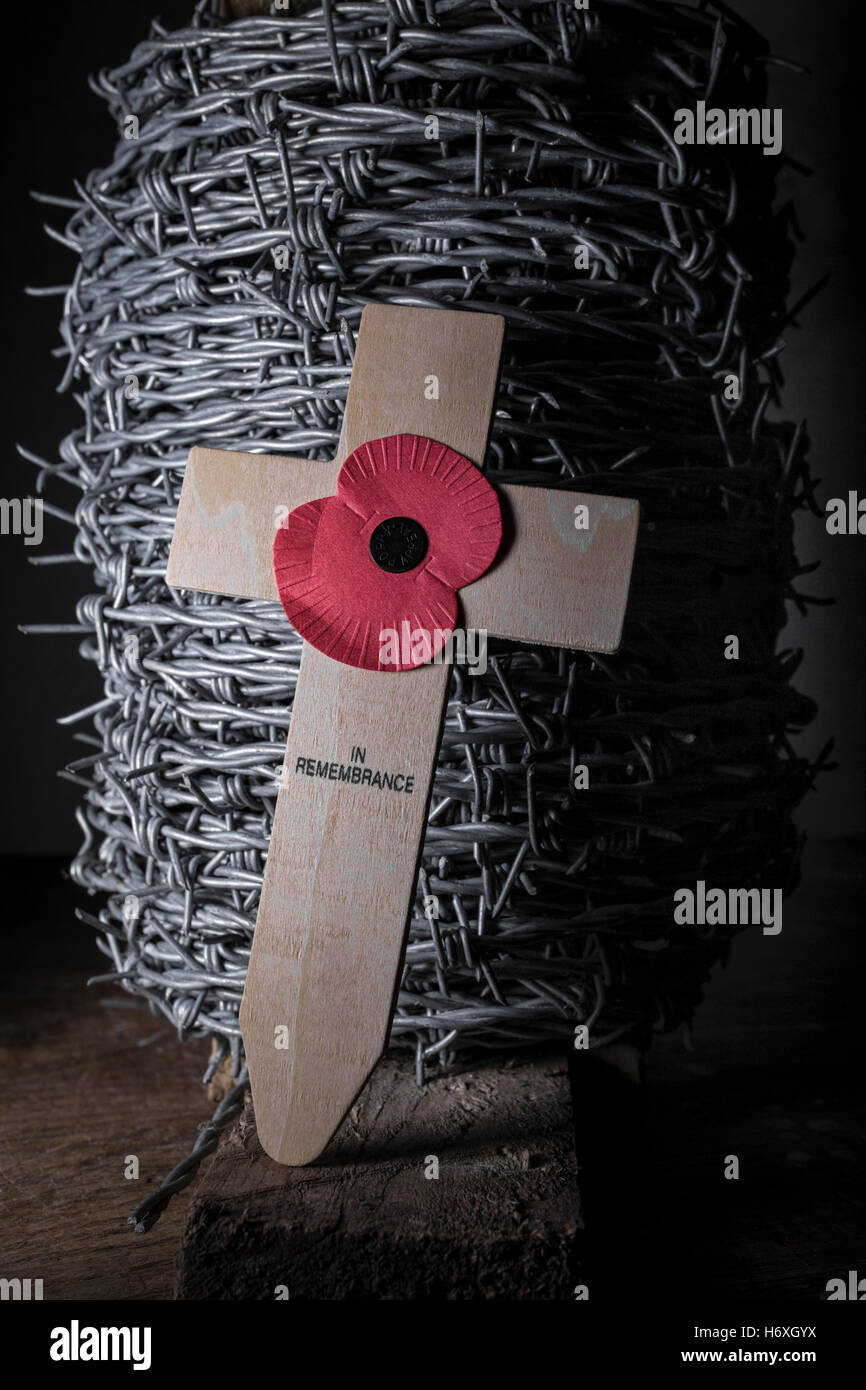 Poppy Appeal cross of remembrance and barbed wire. Stock Photo