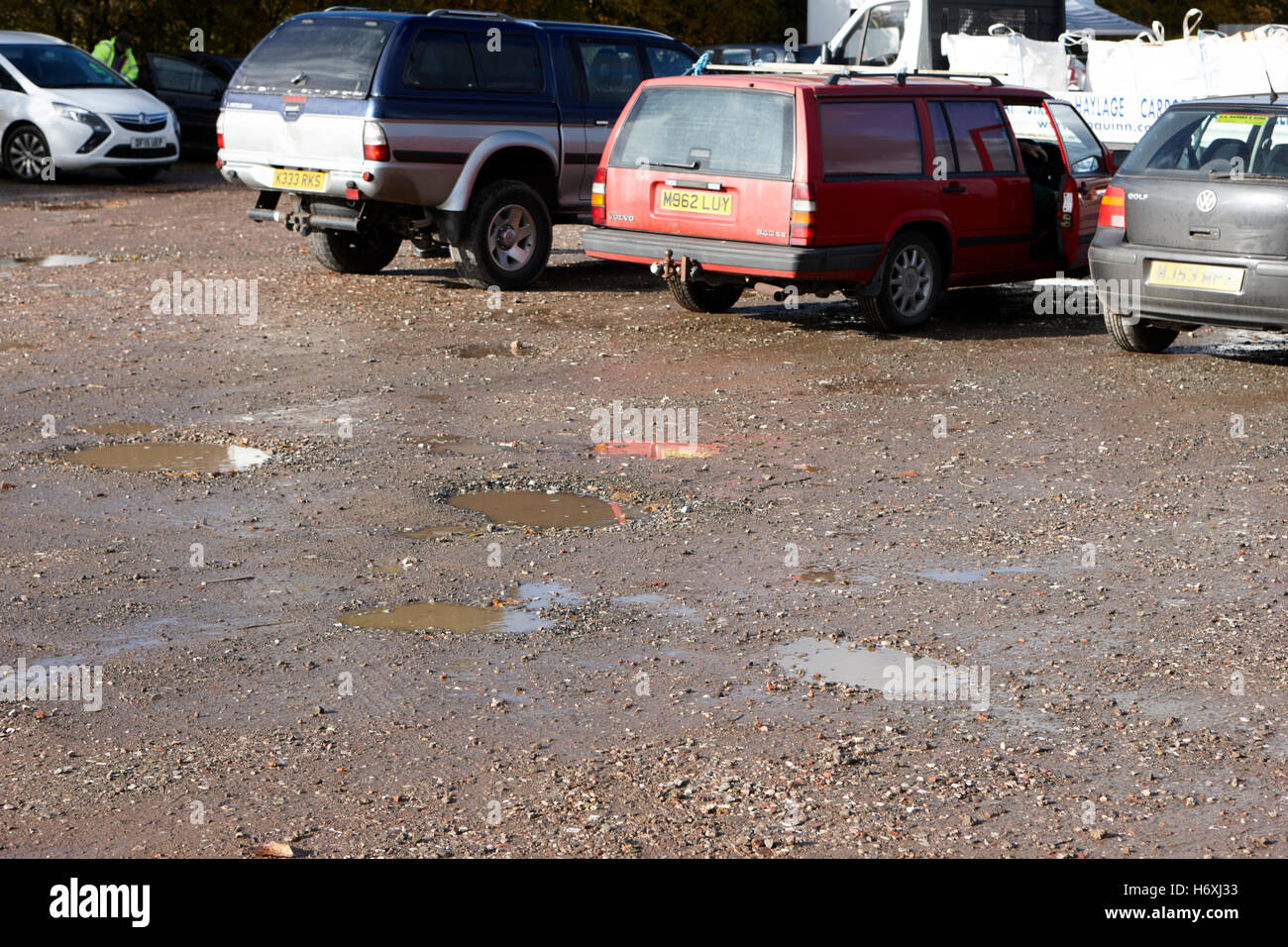 potholes in a rough gravel car parking area england uk Stock Photo