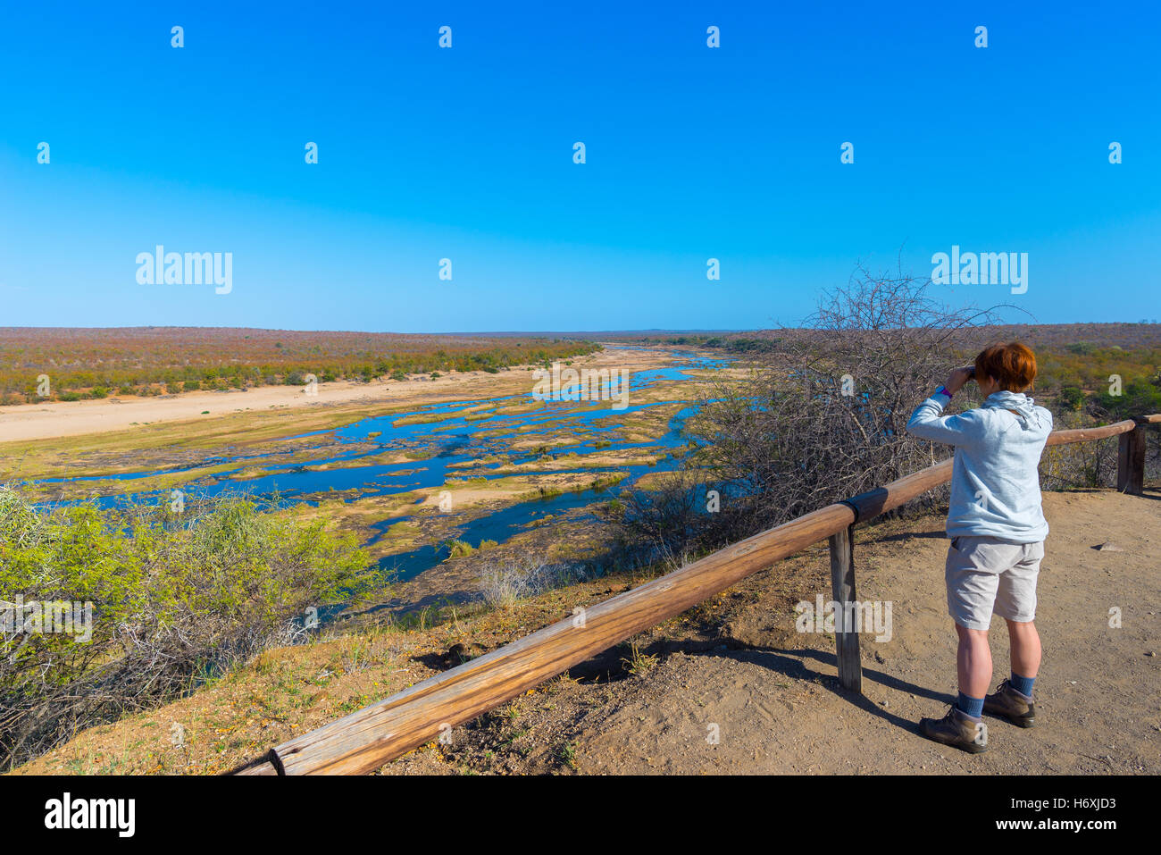 Tourist looking at panorama with binocular from viewpoint over the Olifants river, scenic and colorful landscape with wildlife i Stock Photo