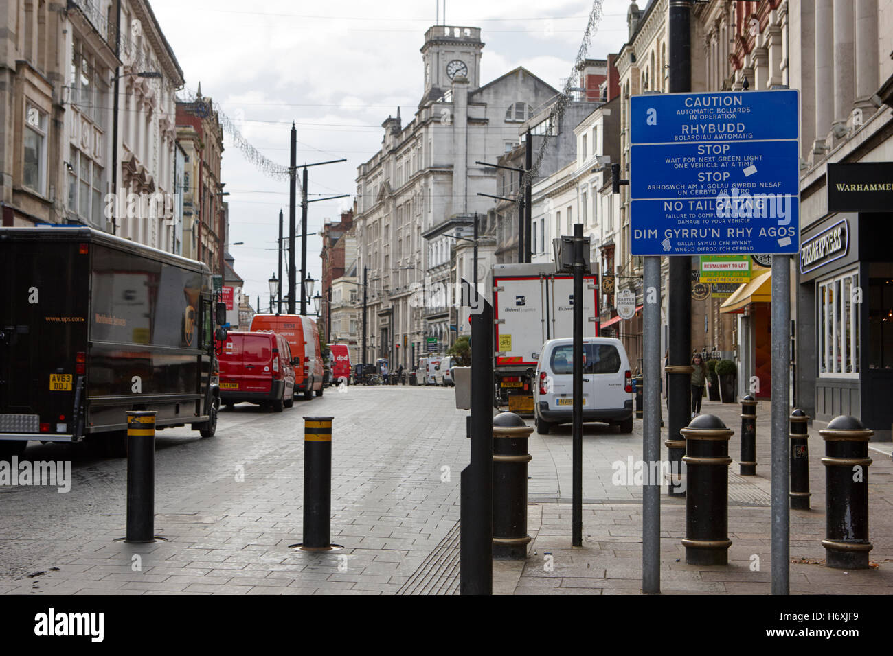 automatic traffic bollards in Cardiff high street city centre precinct Wales United Kingdom Stock Photo