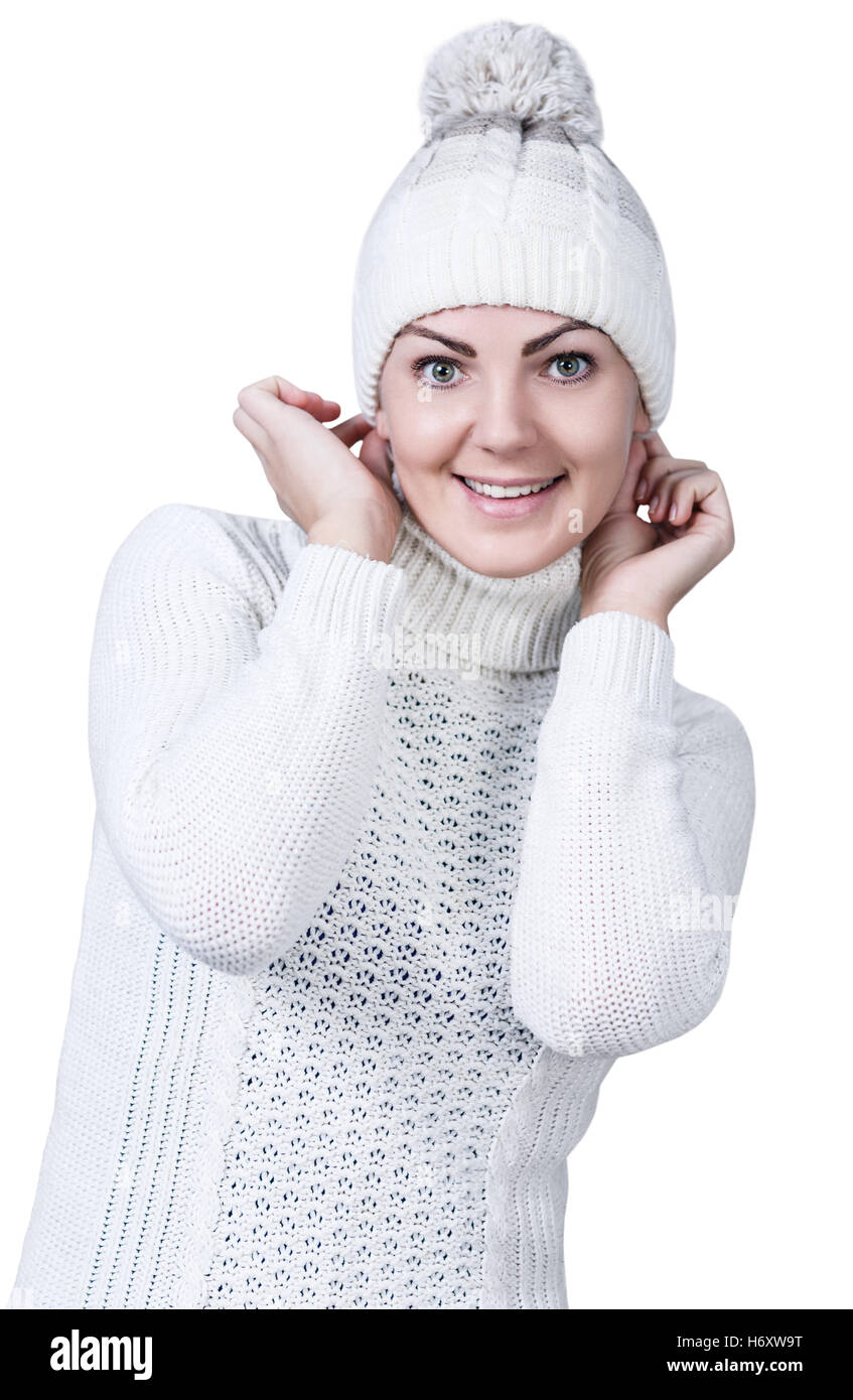 Woman in white sweater and hat Stock Photo