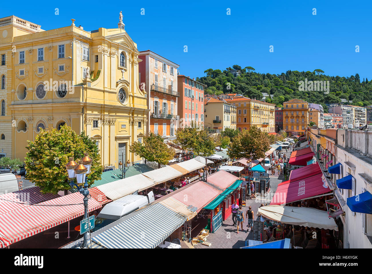 View of Cours Saleya - large pedestrian area famous for its flower, vegetable, spice and fish market in Nice, France. Stock Photo
