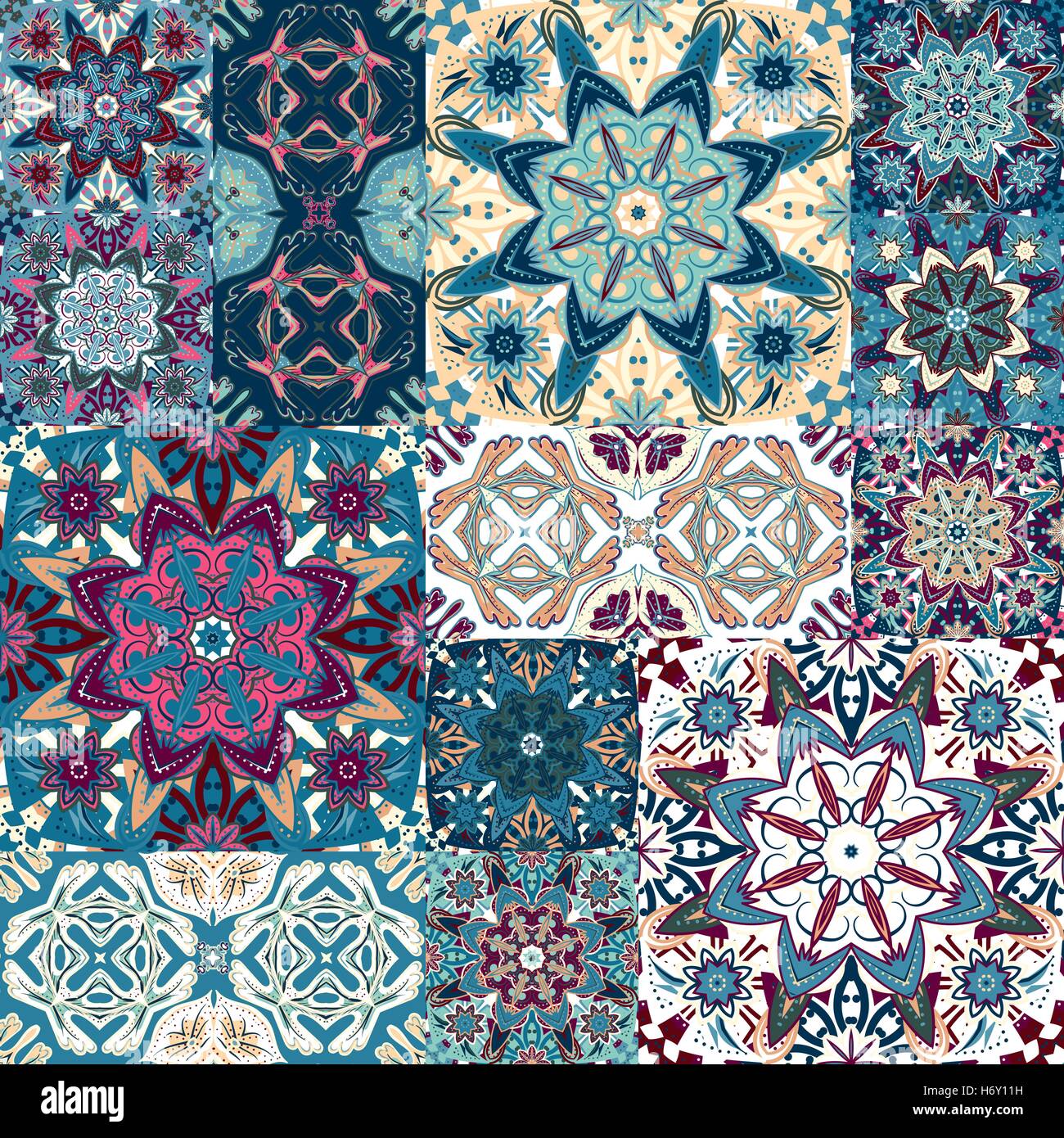 Seamless vector  patchwork tile with Victorian motives in colorful Stock Vector