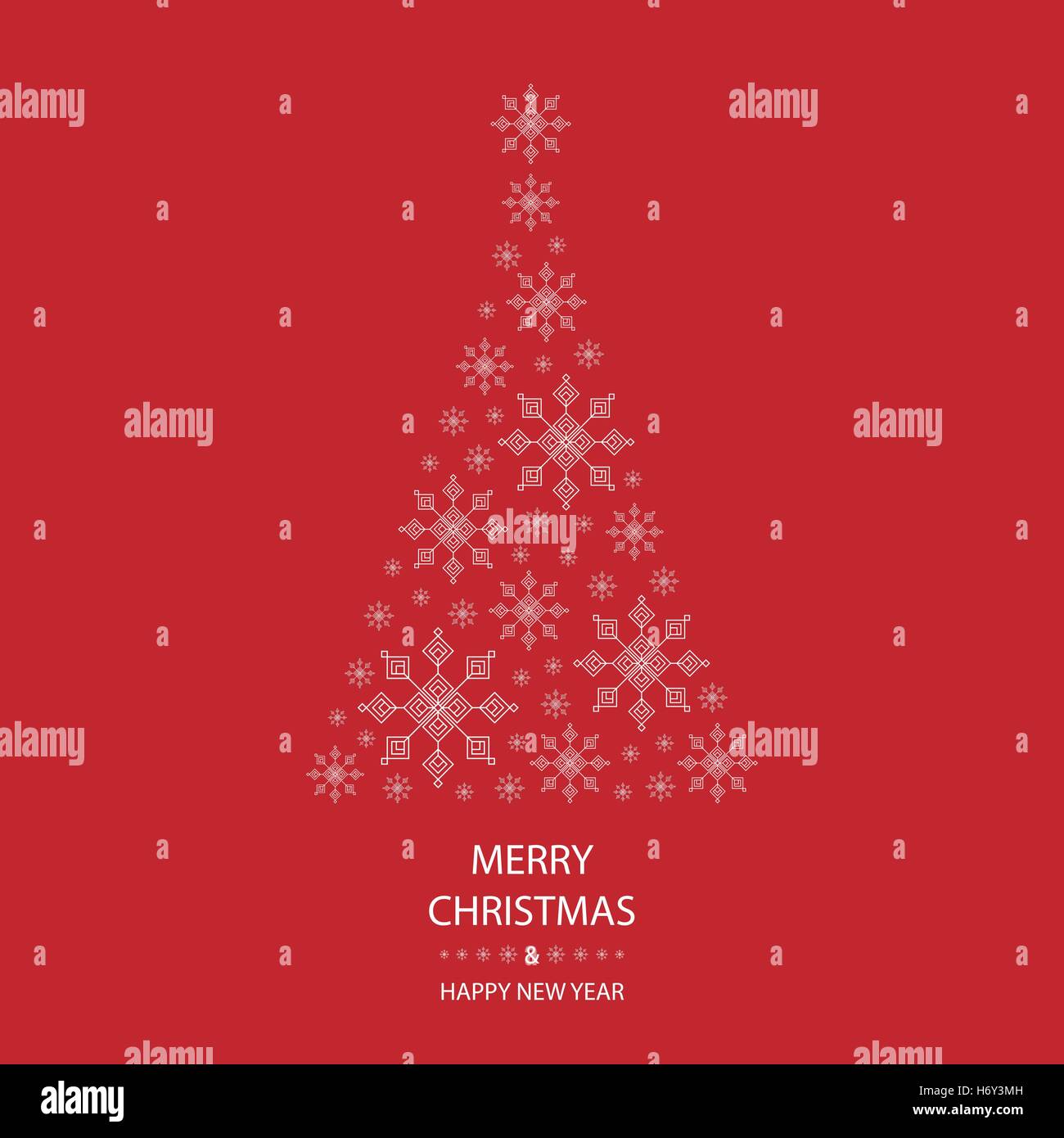 Christmas tree shaped from white snowflakes on red background with white text graphics Merry Christmas and Happy New Year Stock Vector
