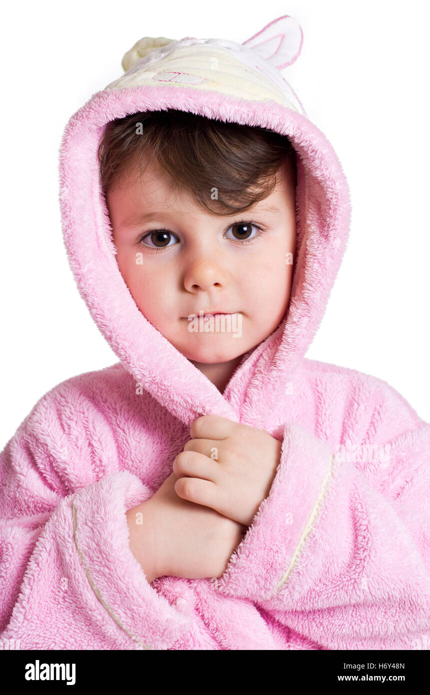 Three years old girl in pink bathrobe Stock Photo Alamy