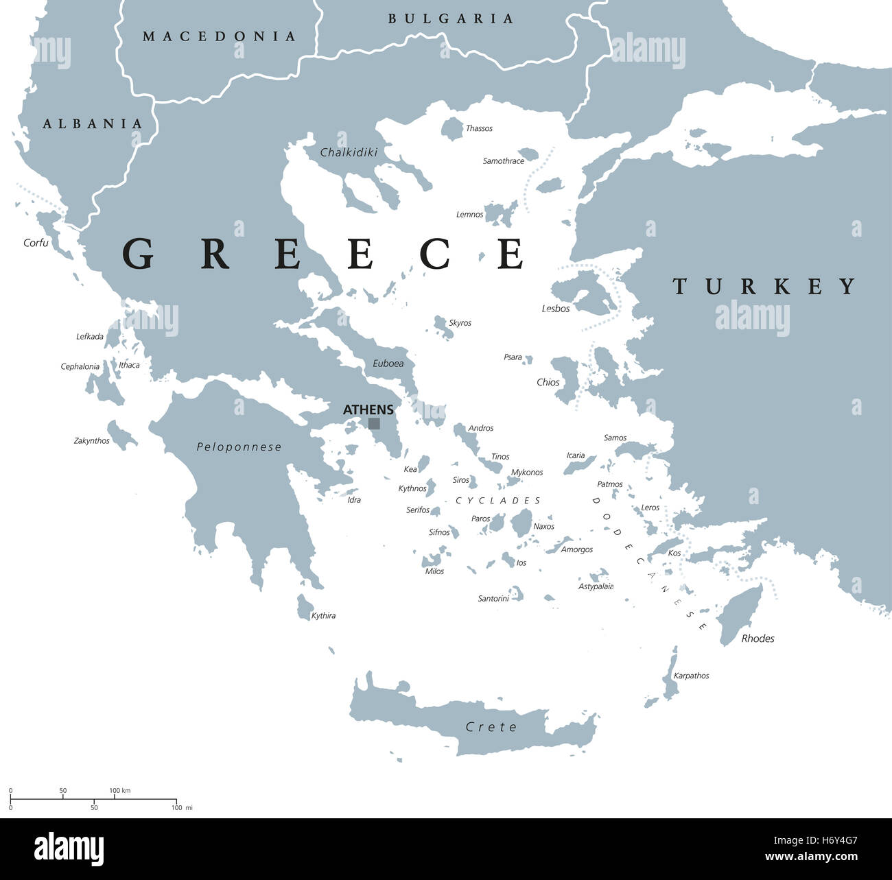 Greece political map with capital Athens, with most important peninsulas and islands, with national borders and neighbors. Stock Photo