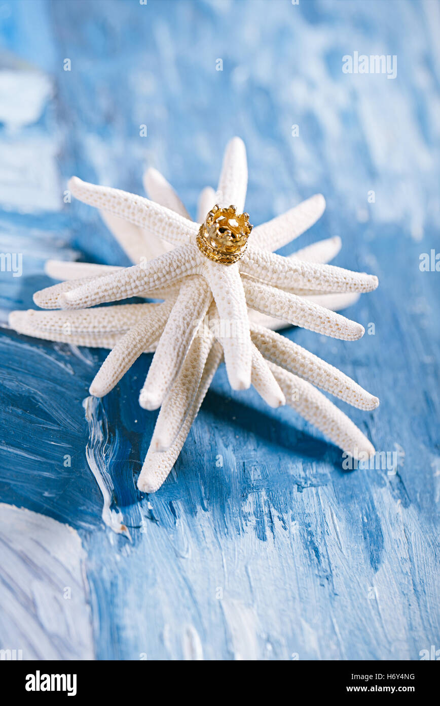 starfish christmas tree on beach with seascape background Stock Photo