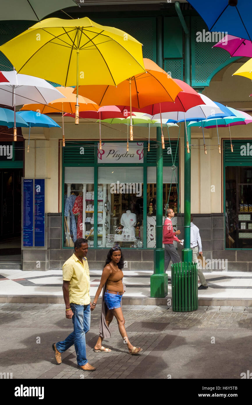 Umbrella art display in street at Caudan Waterfront, Port Luis