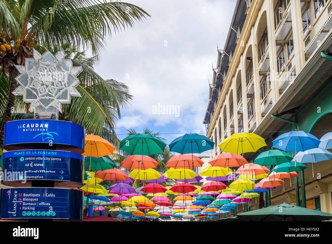 Street art display, hanging umbrellas, Caudan Waterfront, Port Luis