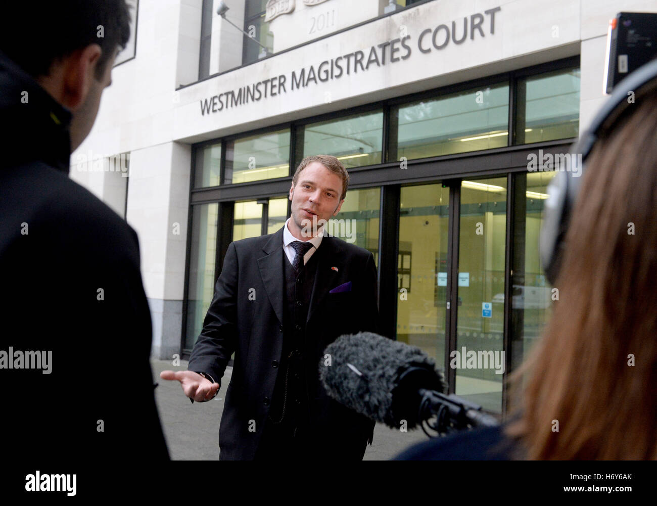Paul Wright talks to the media outside Westminster Magistrates' Court, London, where the British father told a court he risks losing his 'family life and liberty' as he fights extradition to Greece over his role in a car crash on holiday 13 years ago. Stock Photo