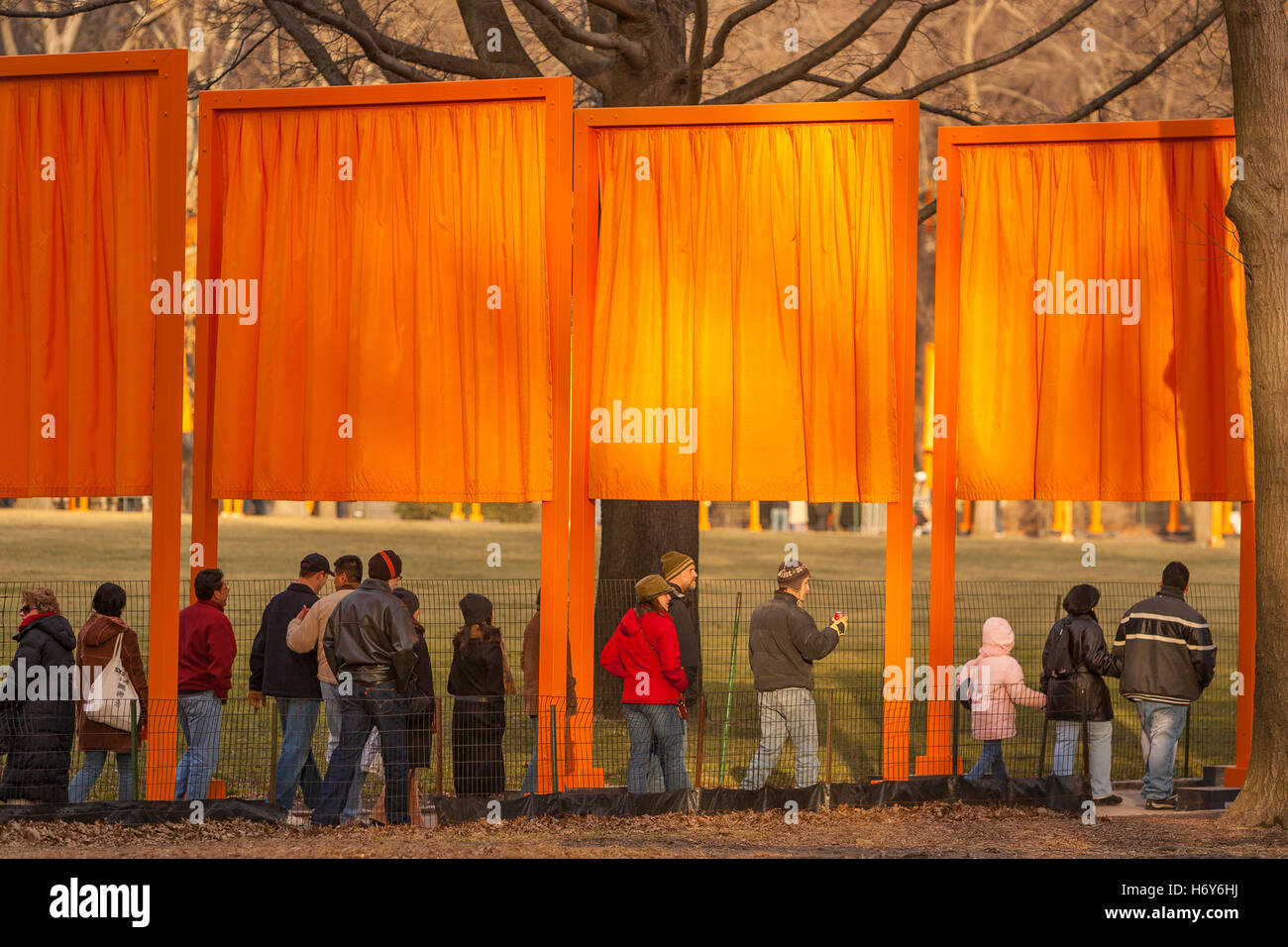 NEW YORK, NEW YORK, USA - 'The Gates' public art installation in Central Park by artists Christo and Jean-Claude. Stock Photo