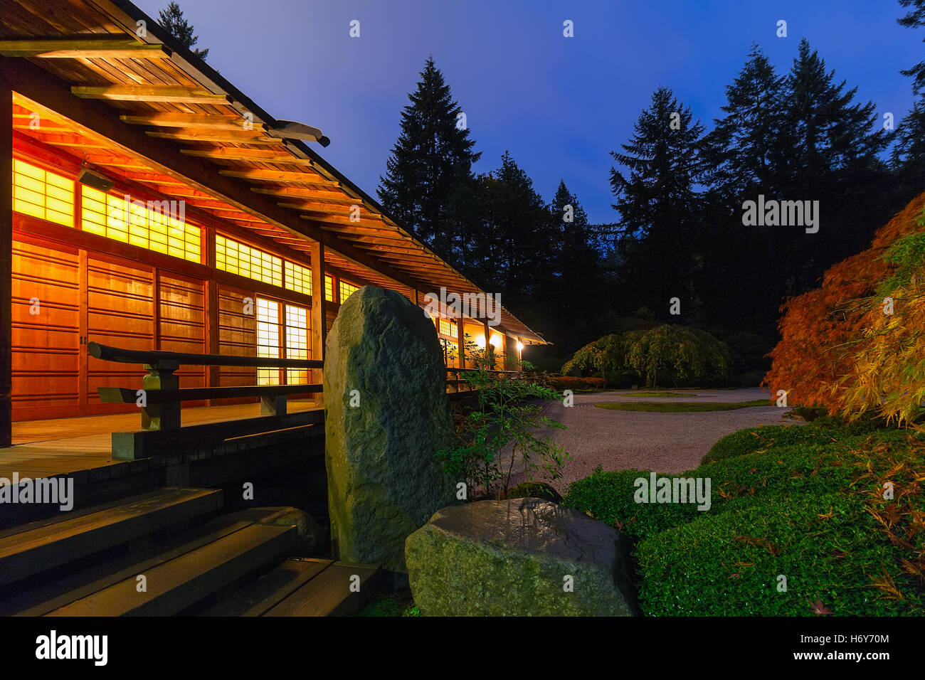 Tranquility by the Pavilion in Japanese Garden at Dawn Stock Photo