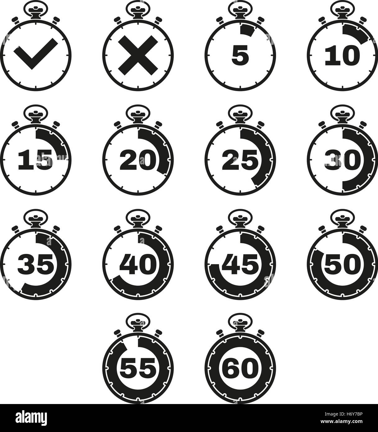 The stopwatch icon, set of 14 icons. Clock and watch, timer, countdown ...