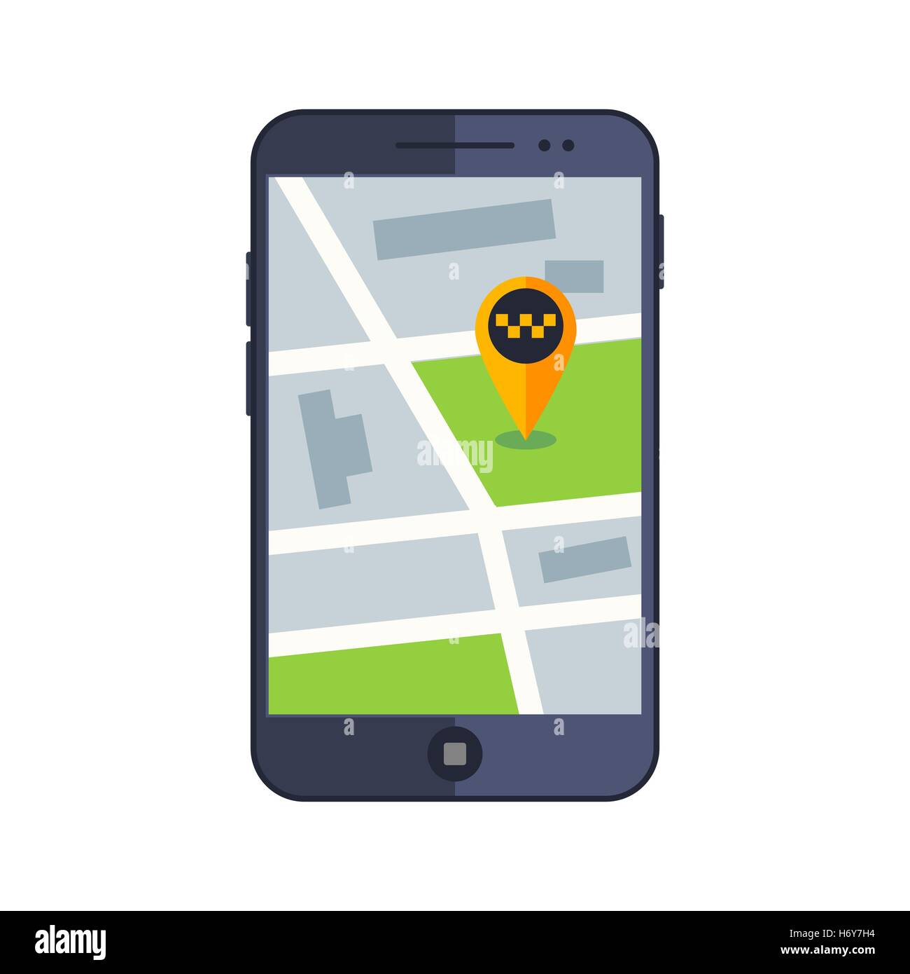 Taxi service. Flat yellow taxi with a driver. The car with the door open. car front view. Flat mobile phone with a label on the  Stock Vector
