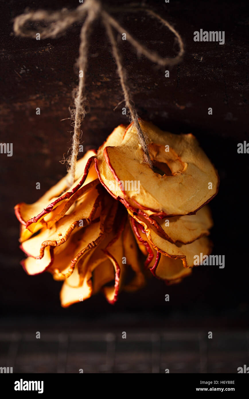 Dried apple slices hanging on string with dark metal backdrop Stock