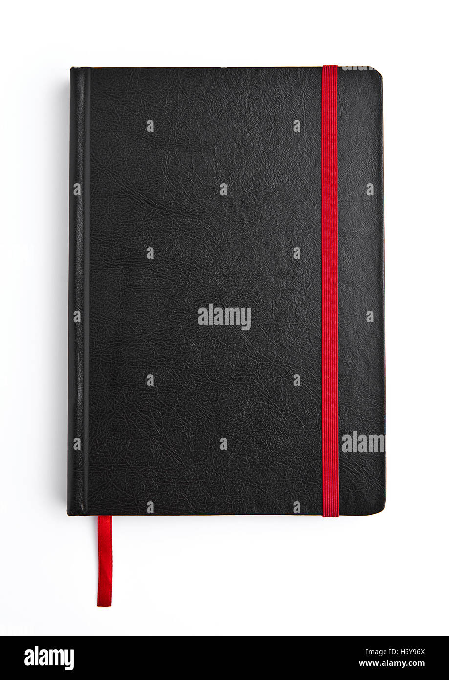 Black leather note book diary with red stripe Stock Photo