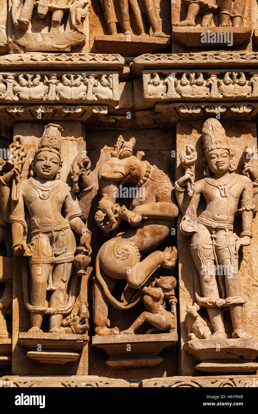 Famous sculptures of Khajuraho temples, India Stock Photo