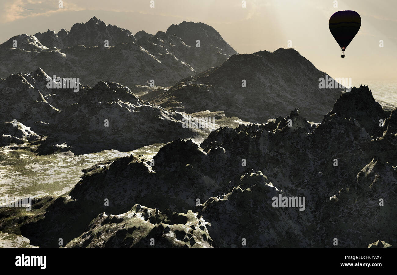 Hot Air Ballooning Over Mountains. Stock Photo
