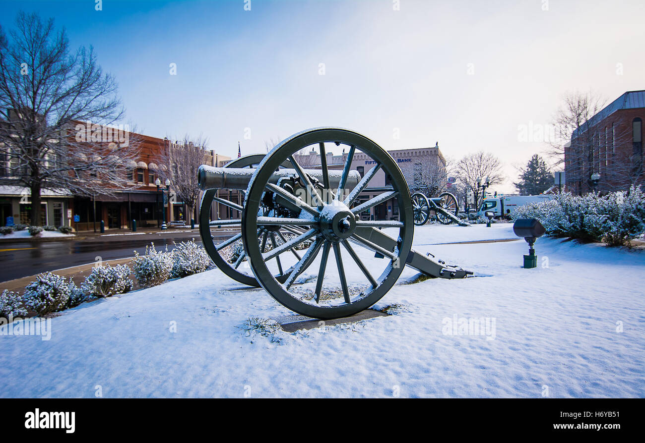 A cannon on the square in Franklin, Tennessee sits covered in snow